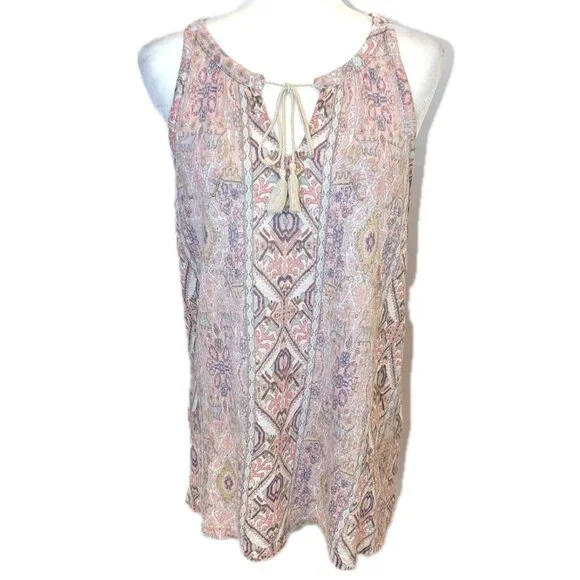 Rachel Zoe | 100% Linen Tassel Tank Top Pink & Beige Motif | Size Medium - Picture 3 of 11